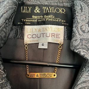 Lily & Taylor Couture charcoal metallic brocade FOX trimmed blazer 6 M